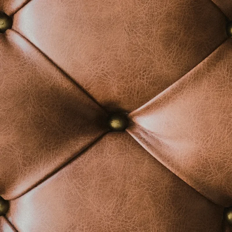 Close-up of tufted brown leather with buttons